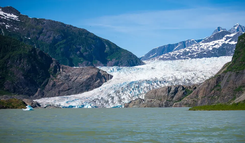 Glacier front meeting a grey-green lake