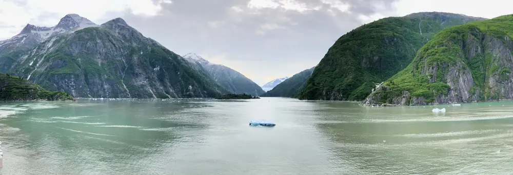 Glacial fjord running between green mountains